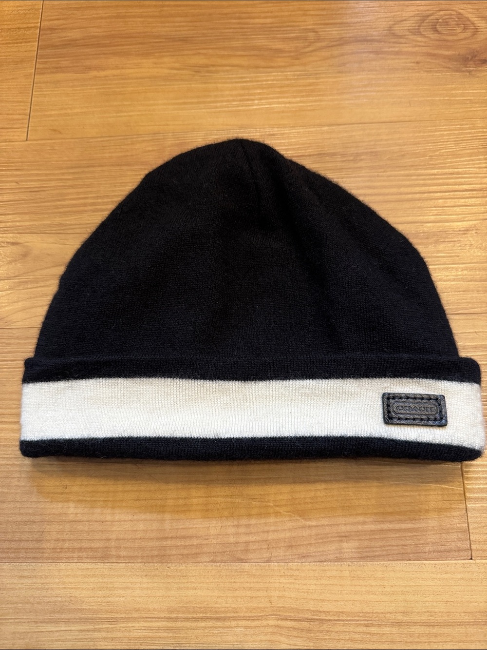 Men's Coach Black Beanie with Cream Cuff Stripe